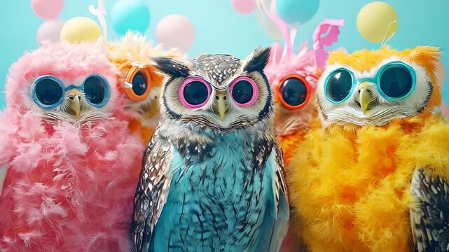 Whimsical animal concept with a group of owls dressed in eccentric, colorful, mismatched outfits set against a bright background &mdash; ideal for an advertisement, birthday party invitation, or banner 
