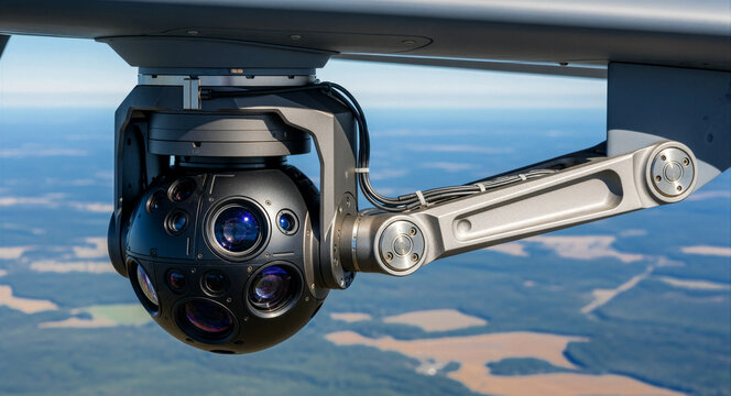 High-tech multi-lens gimbal camera system mounted on an aircraft flying over a landscape. Advanced surveillance equipment featuring optical sensors. Modern aerospace technology and defense concept.