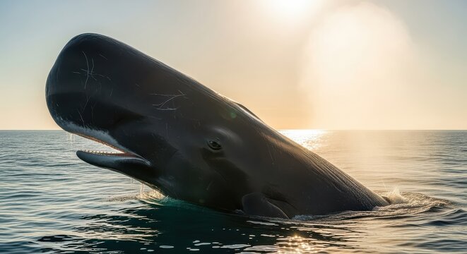 Majestic Sperm Whale Surfaces in Ocean at Sunrise