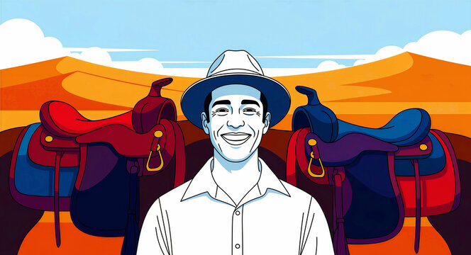 Man wearing a hat smiling in front of horse saddles in a desert. Stylized graphic illustration of an outdoor western adventure. Travel and tourism concept for leisure and exploration marketing.
