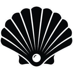 Black and white illustration of a scallop shell with pearl  simple graphic design element © Rina