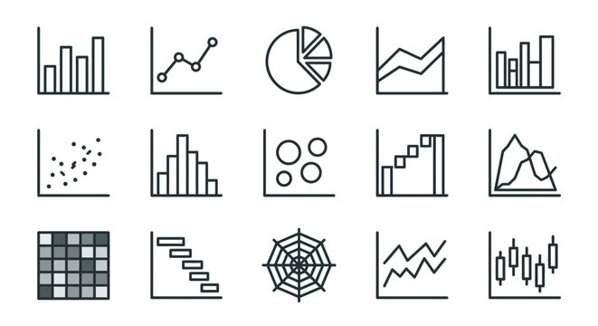 Collection of Data Visualization Icons: Charts, Graphs, and Diagrams for Analytics