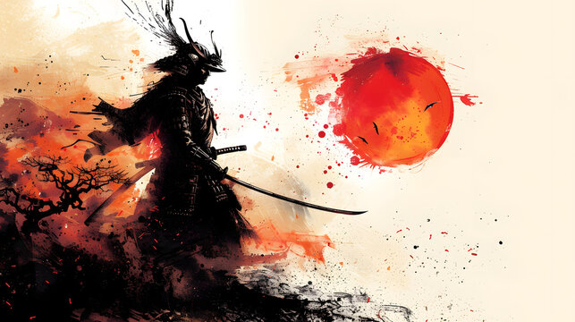 Dynamic samurai warrior in traditional armor wielding a katana during a dramatic sunset scene. Artistic ink wash style with bold brush strokes and...