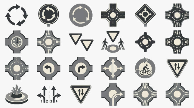 Modern Minimalist Road Signs and Roundabout Symbols Collection in Black White and Gray Color Scheme