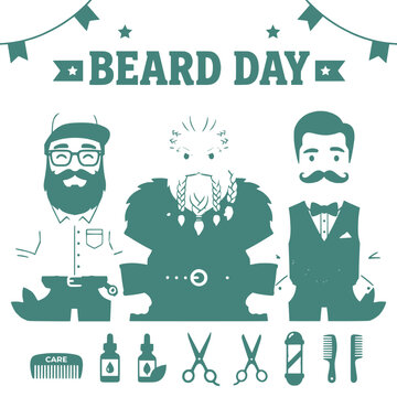 Beard Day Celebration: Three Men with Diverse Beards and Mustaches, Grooming Tools