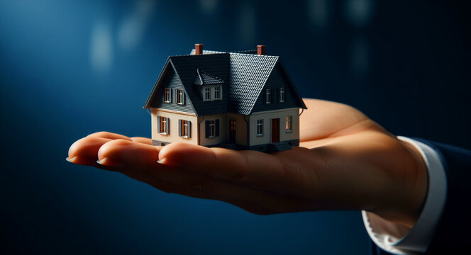 Miniature house model resting in the open palm of a businessman hand. Tiny residential building held with care against a blue background. Real estate investment and home ownership concept.