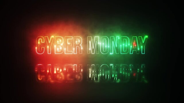 Animation text of Cyber Monday laser neon glitch text effect cinematic title on black abstract backgroud. 