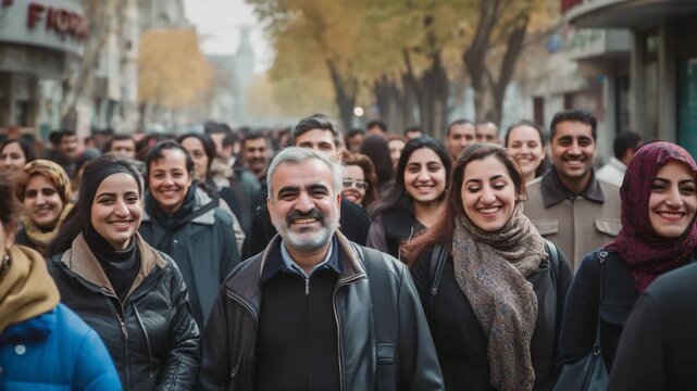 Crowd of people on city street smiling happy