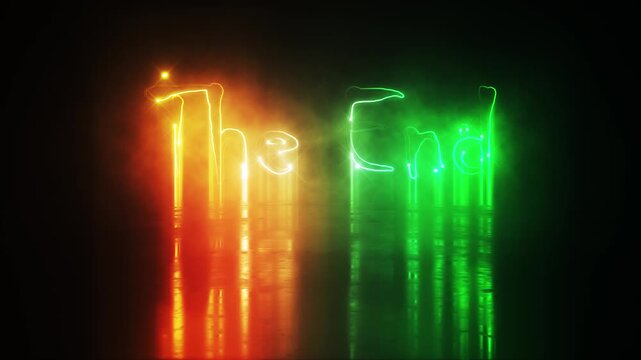 Animation text of The End laser neon glitch text effect cinematic title on black abstract backgroud. 