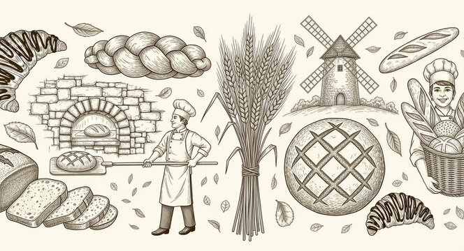 Hand-drawn vintage sketches of bakers and fresh bread products. Set featuring a stone oven, windmill, wheat stalks, and artisanal loaves. Culinary bakery concept ideal for organic food branding.