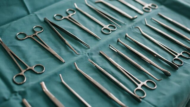 Set of surgical instruments arranged on a green fabric drape with surgical