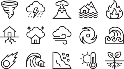 Obraz premium Collection of disaster and weather hazard outline icons representing natural cataclysms and extreme environment events in simple monochromatic line art vector.