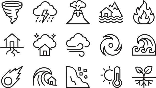 Collection of disaster and weather hazard outline icons representing natural cataclysms and extreme environment events in simple monochromatic line art vector.