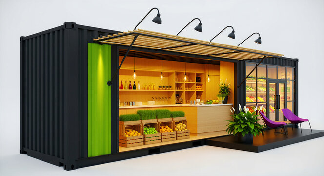 Modern container converted into a boutique grocery store and market. Pop-up shop with wooden shelving and fresh produce. Sustainable retail concept for eco-friendly business marketing.