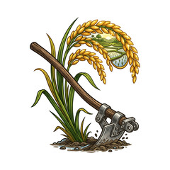 Fototapeta premium Golden Rice Paddy and Hoe Agriculture Illustration.