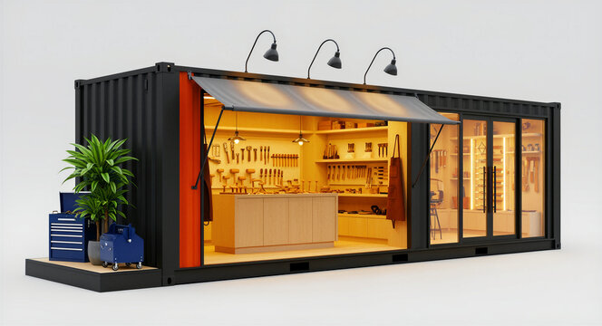 Modern woodworking workshop converted from a black shipping container. Interior features organized hand tools on shelves and a large wooden workbench. Sustainable architecture and DIY workspace.
