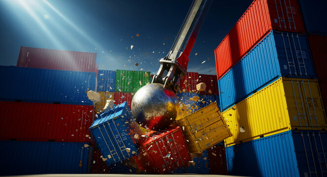 Giant wrecking ball smashing into colorful shipping containers. Cargo containers exploding from the impact in a shipping terminal. Economic collapse and supply chain disruption crisis concept.