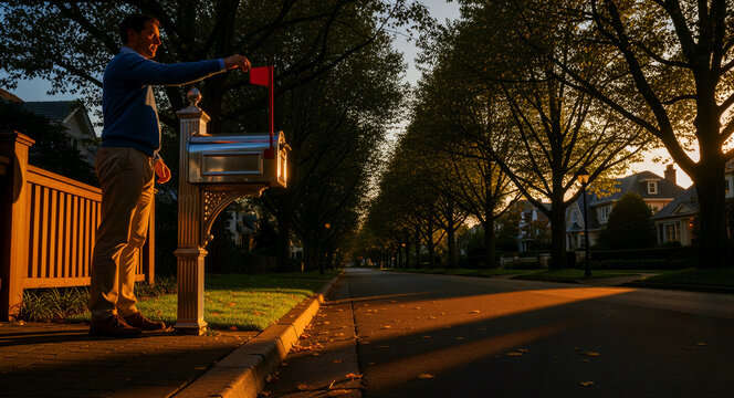 Man raising the flag on a mailbox in a suburban neighborhood. Golden hour sunset lighting on a tree-lined residential street. Concept for outgoing mail, postal service, and community lifestyle.