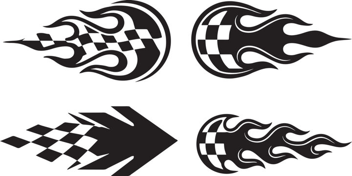 Collection of race flame stickers featuring checkered flag textures for sports vehicle customization and automotive wrap graphics on transparent background.