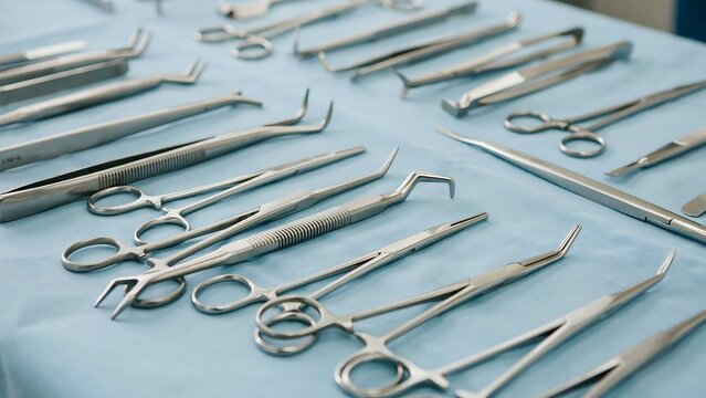 Assorted stainless steel surgical tools arranged on medical drape with surgical
