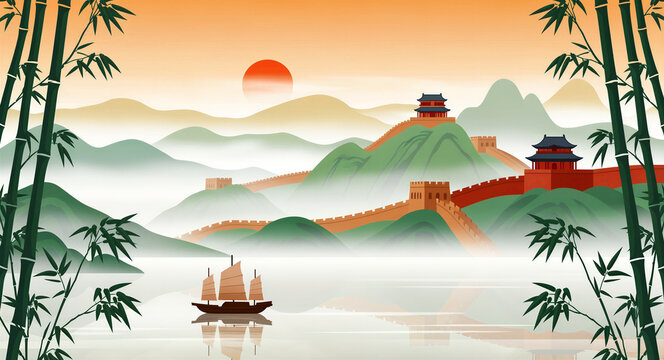 Great Wall of China illustration winding through misty mountains at sunrise. Traditional junk boat on a calm lake framed by bamboo. Oriental heritage concept for travel and Asian culture.