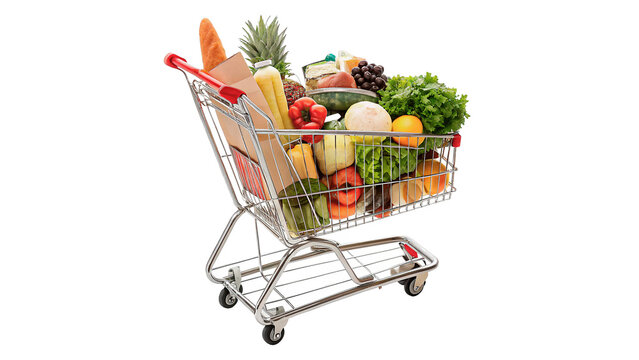 Miniature metallic shopping cart filled with assorted vegetables isolated on transparent background