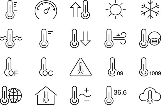 Set of line drawing thermometer icons showcasing different temperature indicators, weather symbols, and units, vector graphics.