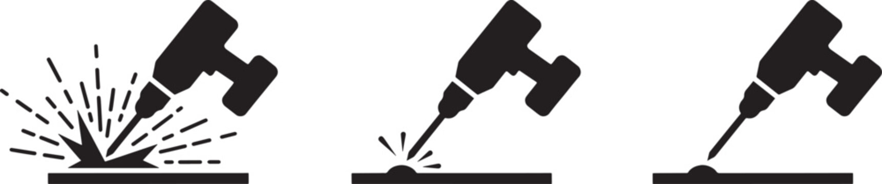 Drilling process icons set showing construction tools with metal sparks and simple drill bits used for heavy manufacturing work in industrial maintenance site.