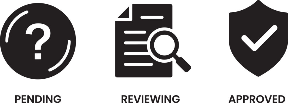 Approval workflow icons set showing progress tracking states with pending request document review under magnification and final approved status using shield mark.