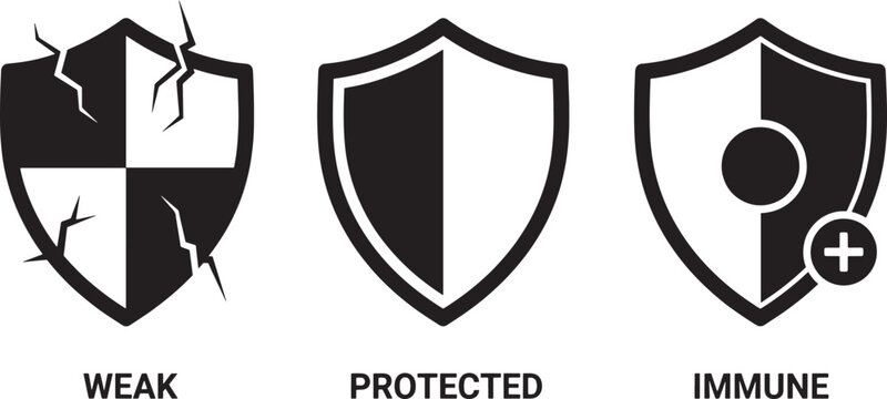 Shield icons collection representing different protection levels including weak cracked shield protected solid version and immune status with plus symbol.