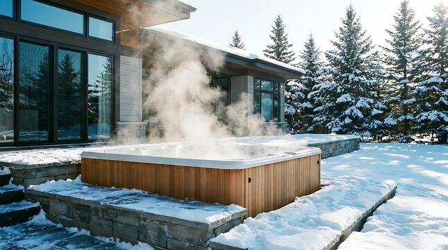 Steaming outdoor hot tub on a snowy patio at a modern house in winter
