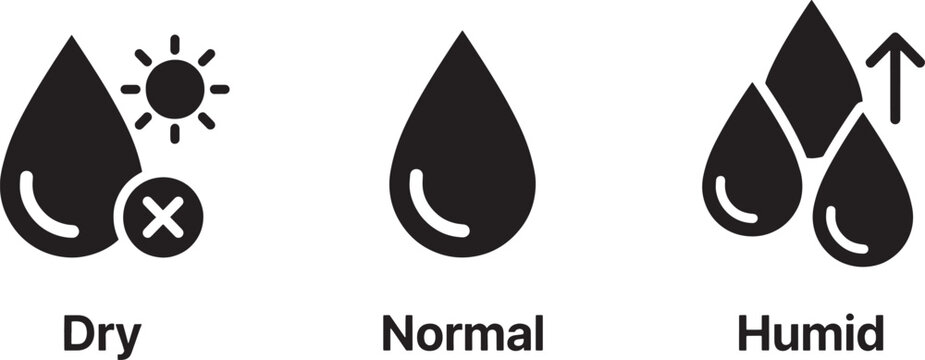 Moisture level indicator icons showing dry normal and humid conditions with water drop sun and rain cloud symbols for weather monitoring interface design.