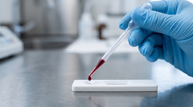 Macro of Medical Technician Dispensing Sample into Rapid STI Test Cassette