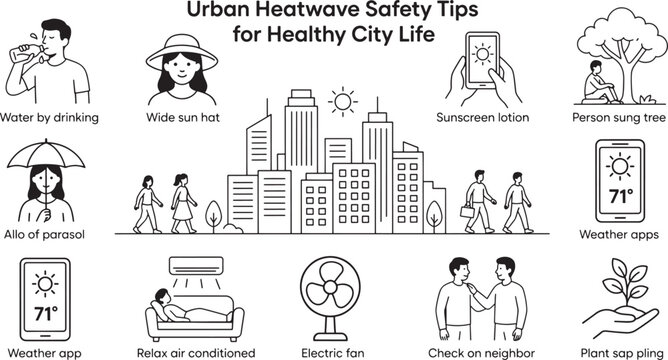 Urban heatwave safety tips infographic set with line icons for healthy city life during extreme hot weather conditions protection measures and healthcare.