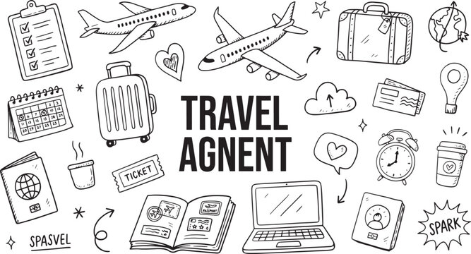 Travel agent doodle collection featuring airplanes suitcases passports calendars and laptops for vacation planning and international tourism agency concept.
