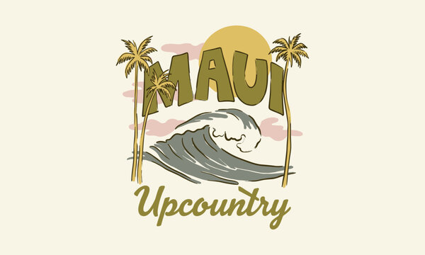 Vintage Maui Upcountry surf design with palm trees and a cresting ocean wave under a bright sun.