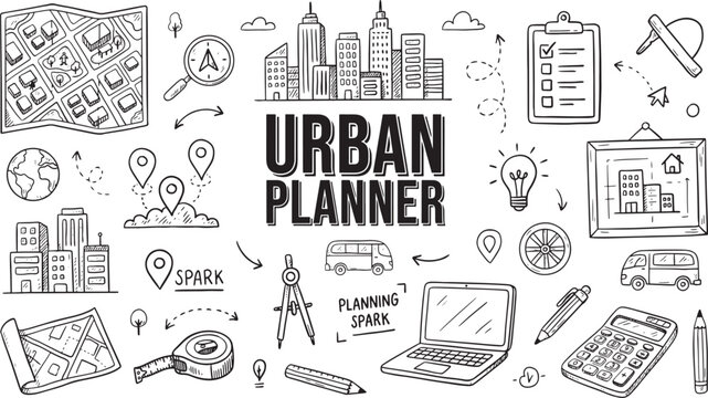 Urban planner doodle concept with city architecture sketches and technical engineering tools for infrastructure development and sustainable town designing.
