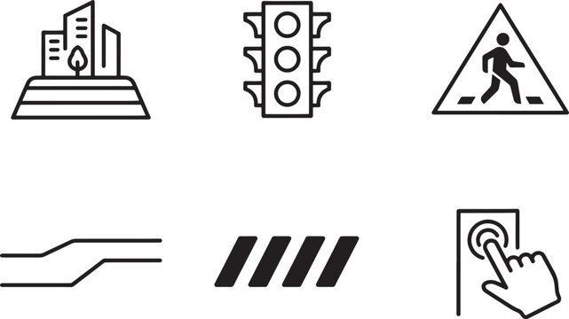Traffic safety and urban infrastructure icon set featuring pedestrian crossing sign and signal lights for road management and city walking lane regulation.