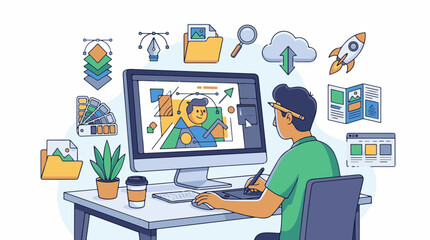 Naklejka premium Designer at work with digital tools and icons flat style