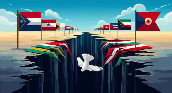 White dove flying through a canyon between international flags. Conceptual illustration of a deep geopolitical divide. Peace and diplomacy concept, ideal for conflict resolution and global unity.