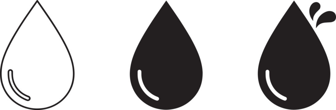 Three water drop icons with a transparent background, depicting a liquid drop outline, solid fill, and a splashing effect.