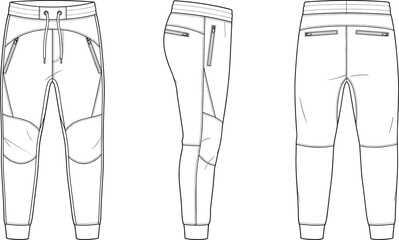 Mens athletic tech fleece jogger pants drawstring waist zip pockets fashion flat sketch vector technical drawing front side back view © Sanda