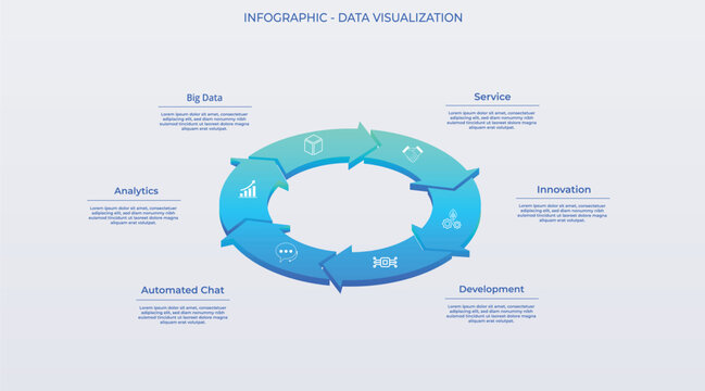 Business 3D-style lifecycle infographic featuring six directional arrows, interactive buttons, and visible options. Green and blue tones digram, scheme, modern, high-tech Big data, IT, fintech