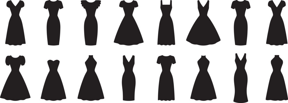 Dress silhouettes vector icons set women clothing collection elegant fashion apparel design elements.