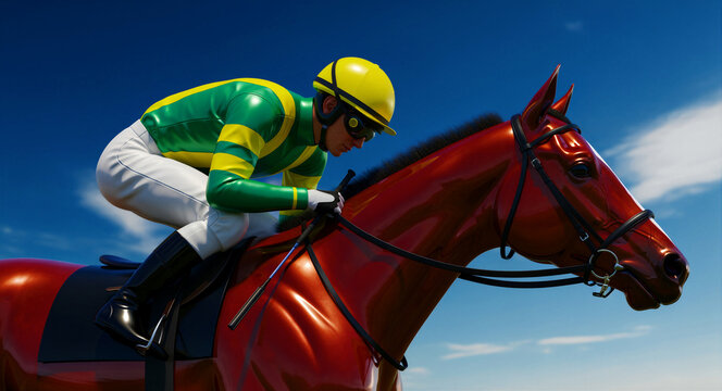 Jockey in green and yellow silks riding a chestnut horse in a competitive race. Professional rider competing on a fast stallion under a clear blue sky. Sports concept for betting and racing media.
