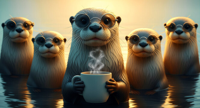 Group of cool otters wearing sunglasses in the water at sunset. The lead otter holds a steaming cup of coffee while surrounded by friends. Humorous concept for morning routines and social media.