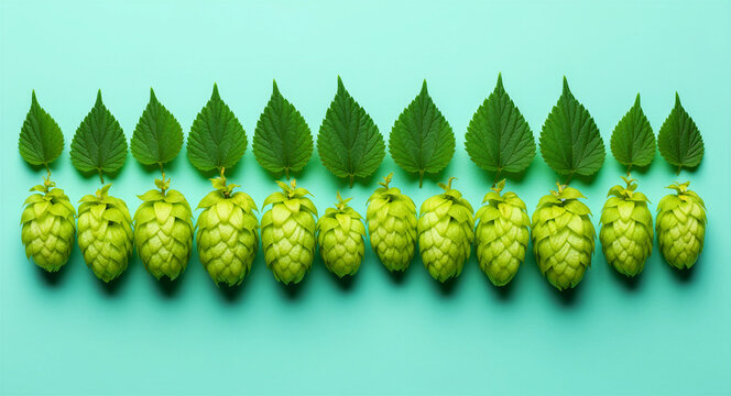 Fresh hop cones and leaves arranged in a row on a teal background. Vibrant botanical flat lay of beer brewing ingredients. Natural agriculture concept for brewery marketing and organic branding.