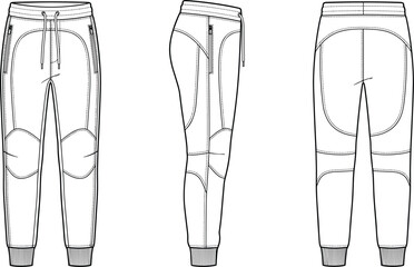Mens tech fleece jogger pants drawstring waist zip pockets knee panels fashion flat sketch vector technical drawing front side back view © Sanda