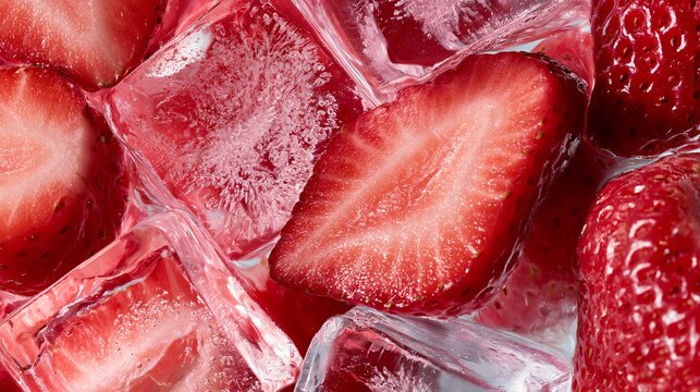 A macro study of freshly sliced strawberries submerged beneath translucent ice cubes with exceptional detail