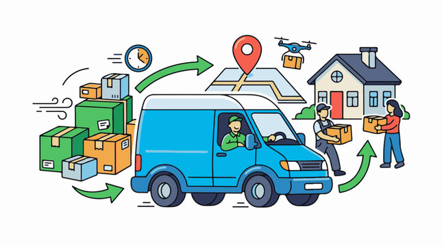 Delivery process with van drone and people at house